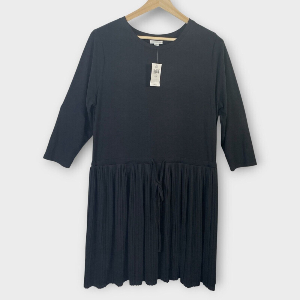 New J JILL Black Pleated Drop Tie Waist Dress XLP Long Sleeve Jersey Knit